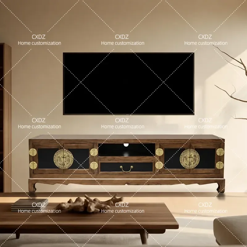 Oriental Aesthetic Lacquer Flower Elm Wood Inlaid Jade Four Door TV Cabinet with Open Shelf for Villa Living Room Home