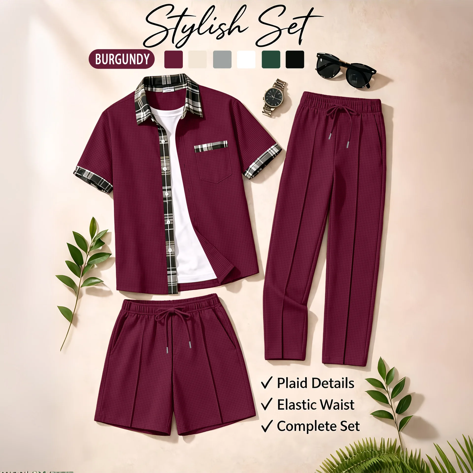 Men's 3 Piece Waffle Knit Tracksuit | Plaid Trim Button Up Shirt & Elastic Waist Shorts & Pants Set | Casual Stylish Outfit for view 6