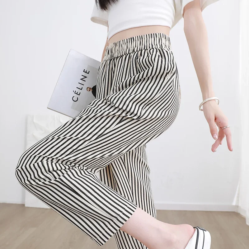 

Брюки в вертикальную полоску для женщин, повседневные шаровары, тонкие удобные дышащие весенние зауженные укороченные брюки с эластичной резинкой на талии и поясом
