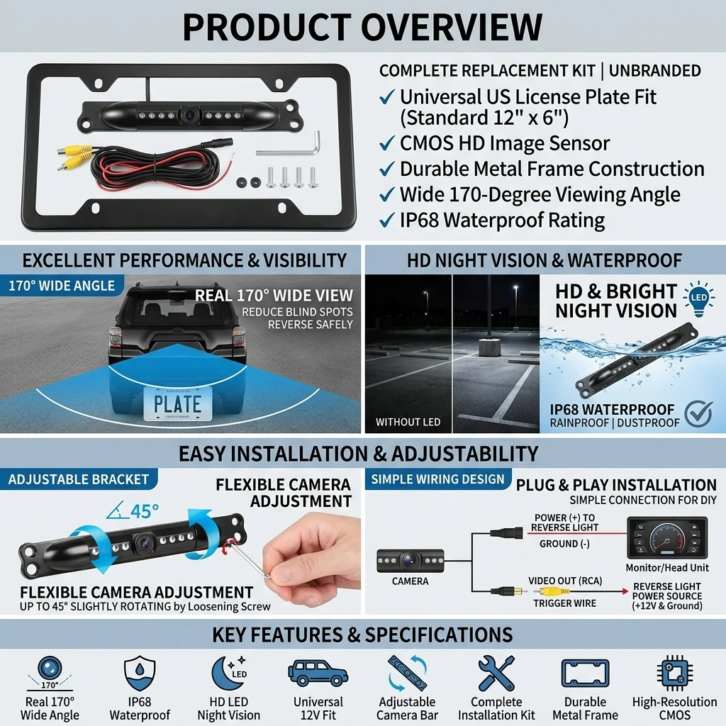 번호판 후방 카메라 170 ° 8개의 적외선 LED - License Plate Backup Camera Frame Mount 리뷰 및 가격