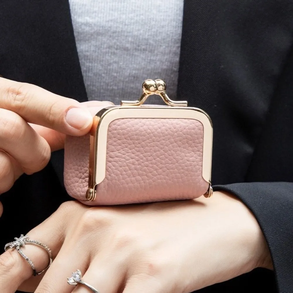 

Genuine Leather Kiss Lock Coin Purse Square Solid Color Leather Jewelry Bag Mini Multifunctional Small Item Bag Woman Girl