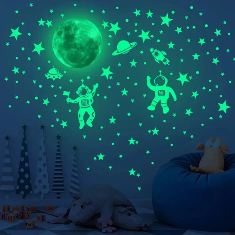 Creative Luminous Astronaut Alien Spaceship Star Moon Wall Sticker Jid Bedroom Boy Room Glow in The Dark DIY Cartoon Decoration