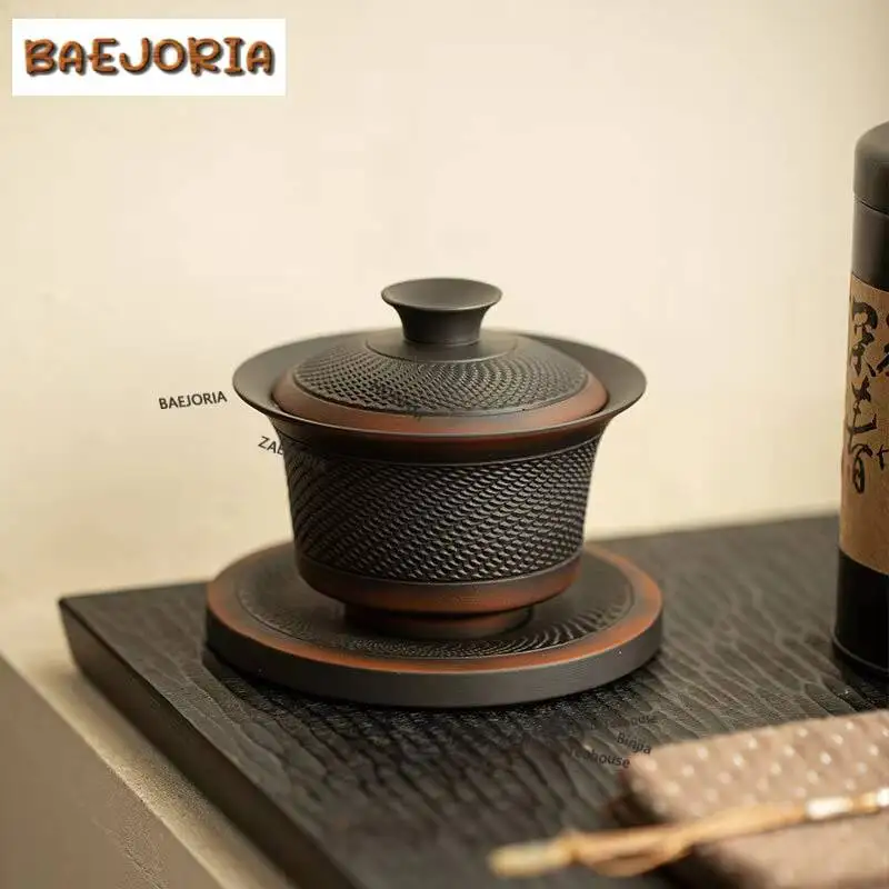 175ml Purple Pottery Jumping Knife Pattern Gaiwan Antique Tea Tureen Tea Bowl With Lid Kit Tea Maker Cover Bowl Teaware Ornament