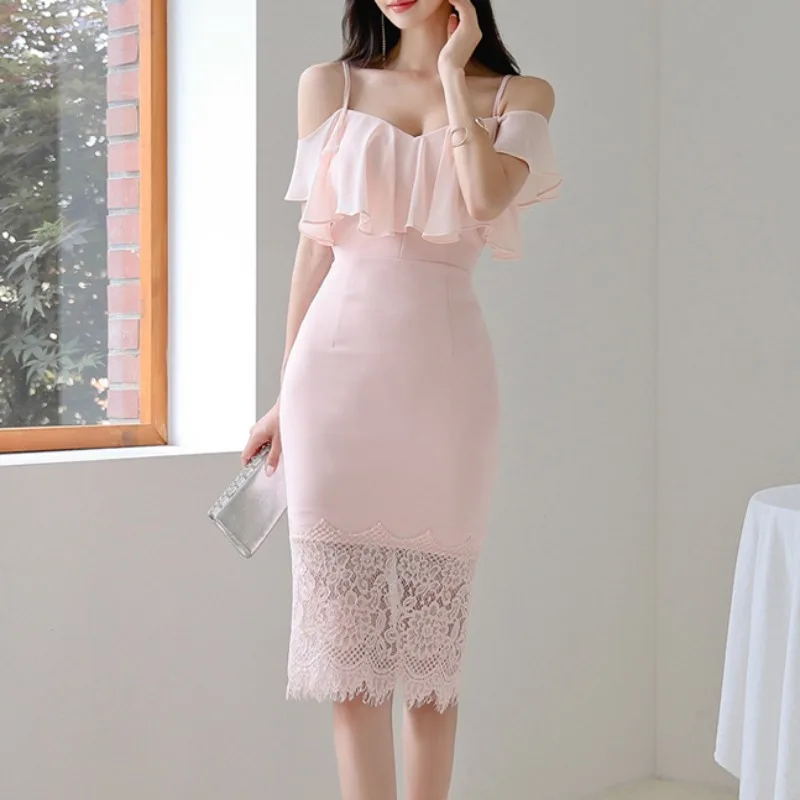 Chic Pink Dress for Women Slash Neck Korean Elegant Lace Patchwork Dress Bodycon Streetwear Ruffle Sleeve Party Vestidos