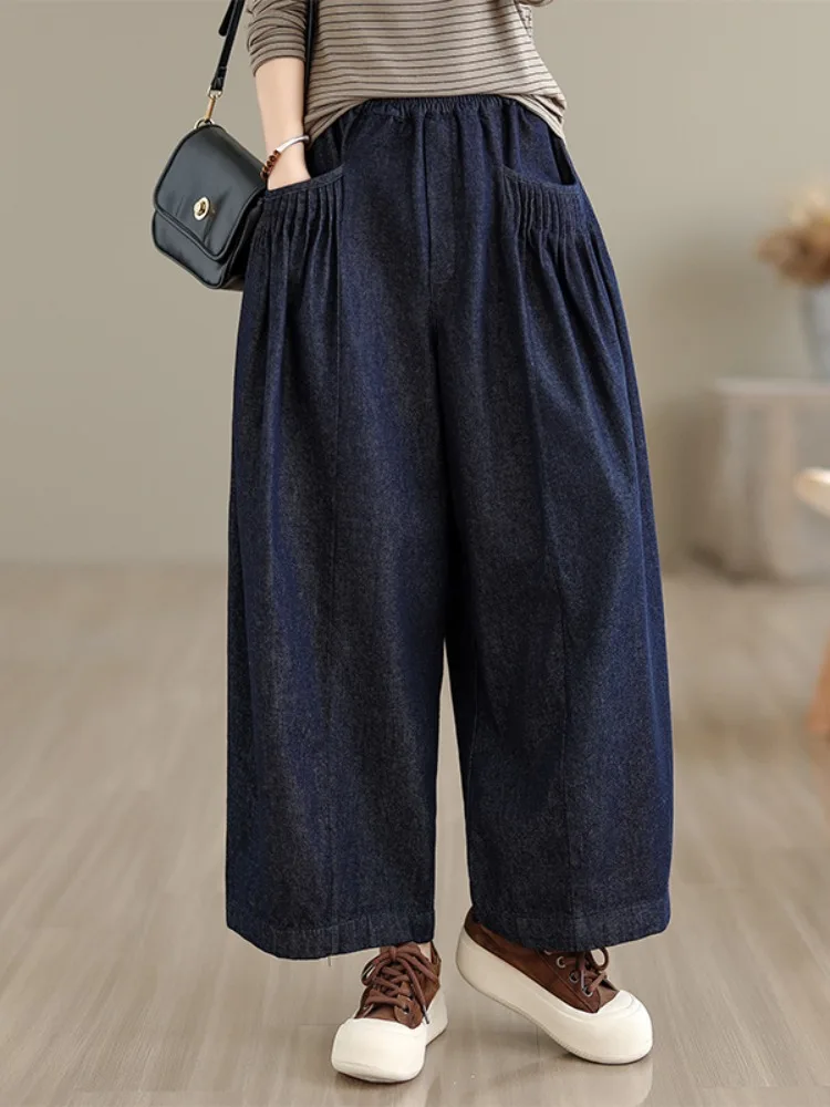 Retro Sle plus Größe Distred Denim Breite Bein Hosen frauen Herbst Elastische Taille Abnehmen Casual Neun Punkt Hosen