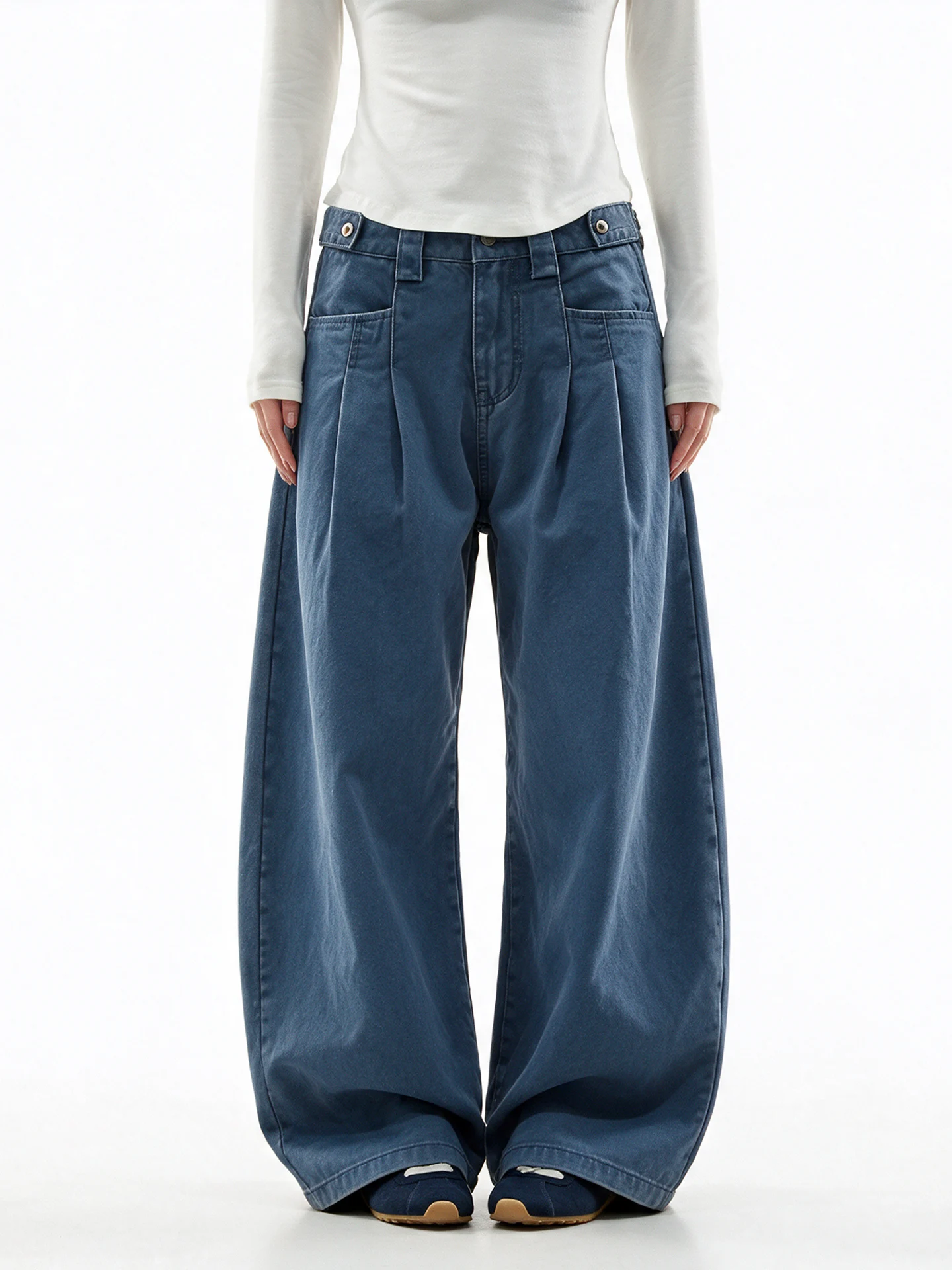 Aaisup Blue Washed Pleated Wide Leg Denim Jeans Women's Loose Slimming Drapey Versatile Autumn Cotton Natural Waist Button