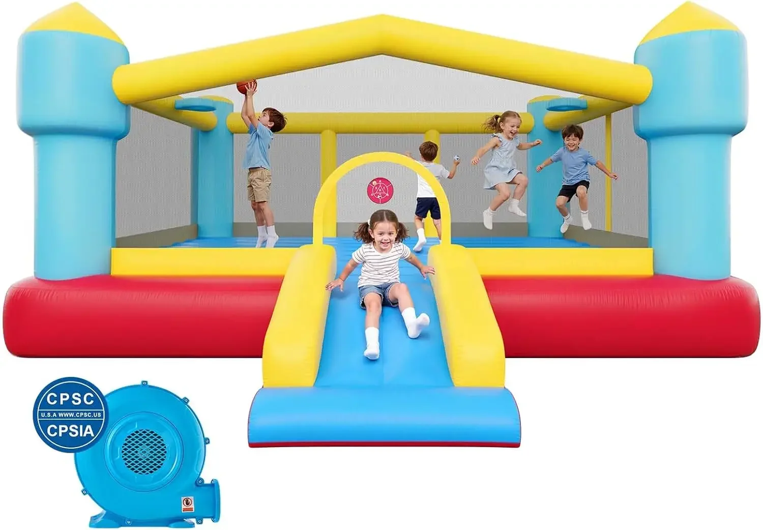 VEVOR Inflatable Bounce House, 14.7 x 13.8 x 6.8 ft Jumping Bouncy Castle, Inflatable Jumper for Kids with Slide, Basketball Hoo