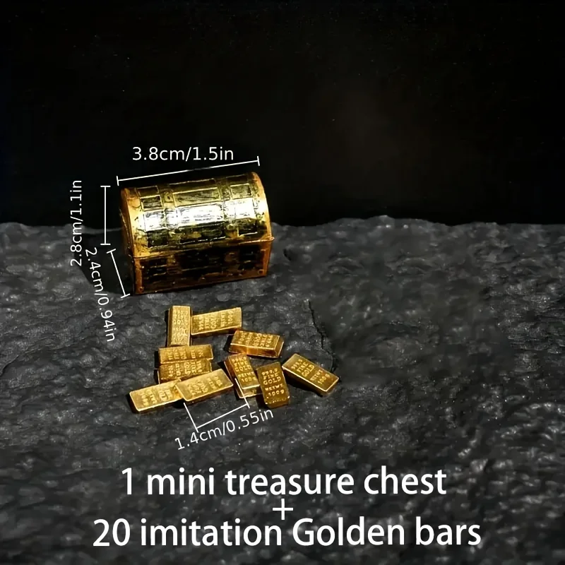 Miniature Pirate Treasure Chest, Featuring Gold Coins, Gold Bars, Aquatic Decor & Realistic Artificial Plants