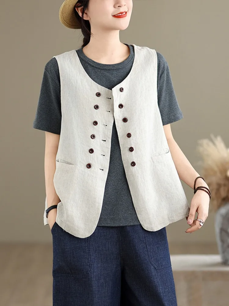 

Casual Cotton Linen Vest Women's Summer Thin Pure Color round Ne Double Button oulder Pad Top Layered irt