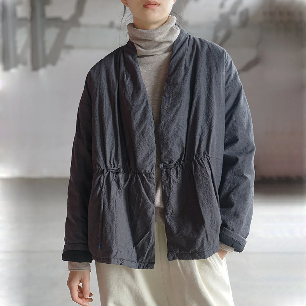 

Women Autumn Winter Quilted Short Jackets Leisure Cotton Open Front Coats V-neck A Single Button Retro Hanfu Kimono Outerwear