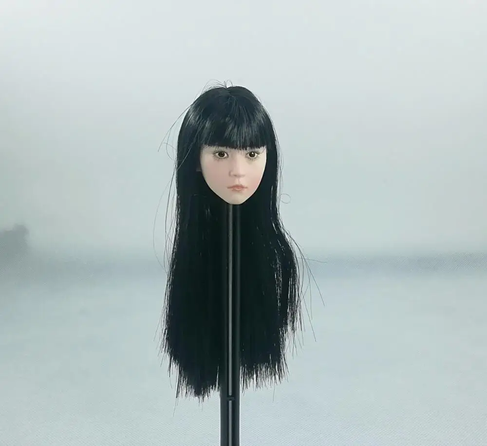 1/6 Scale Head Carving Asian Child Female Model PVC Plant Hair Black Long Straight 12 Inch Action Figure Body Doll