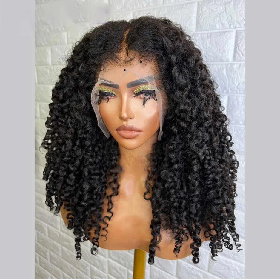 Long 26Inch 180Density Soft Natural Black Kinky curly Preplucked Glueless Synthetic 13x4 Lace Front Wig Baby Hair Daily use
