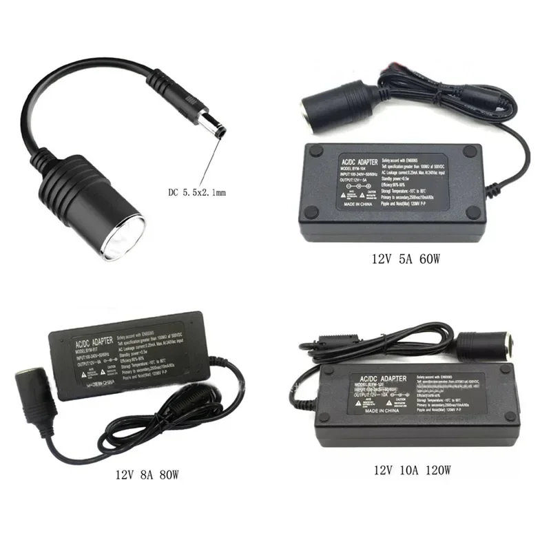 1PCS AC 110V 220V Adapter to DC12V 5A 8A 10A 60W 80W 120W Power Adapter Car Cigarette Lighter Converter 5.5x2.1mm to  Car Socket