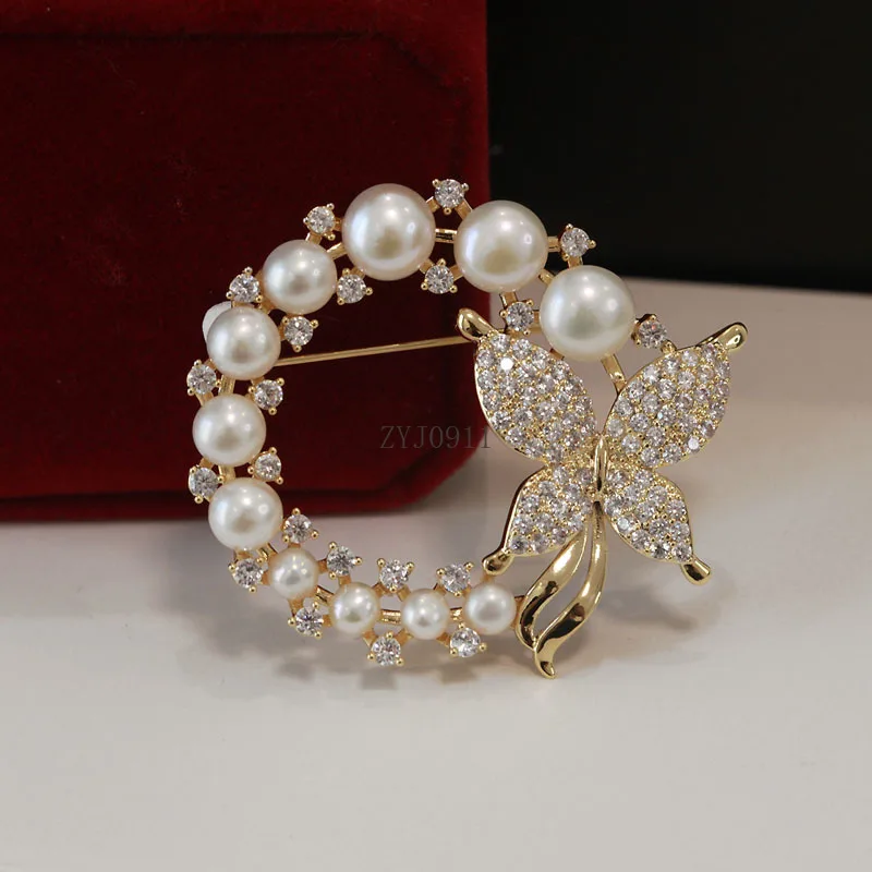Perle d'eau douce papillon anneau broche haut de gamme femmes or doux polyvalent mode Corsage vêtements accessoires costume broche
