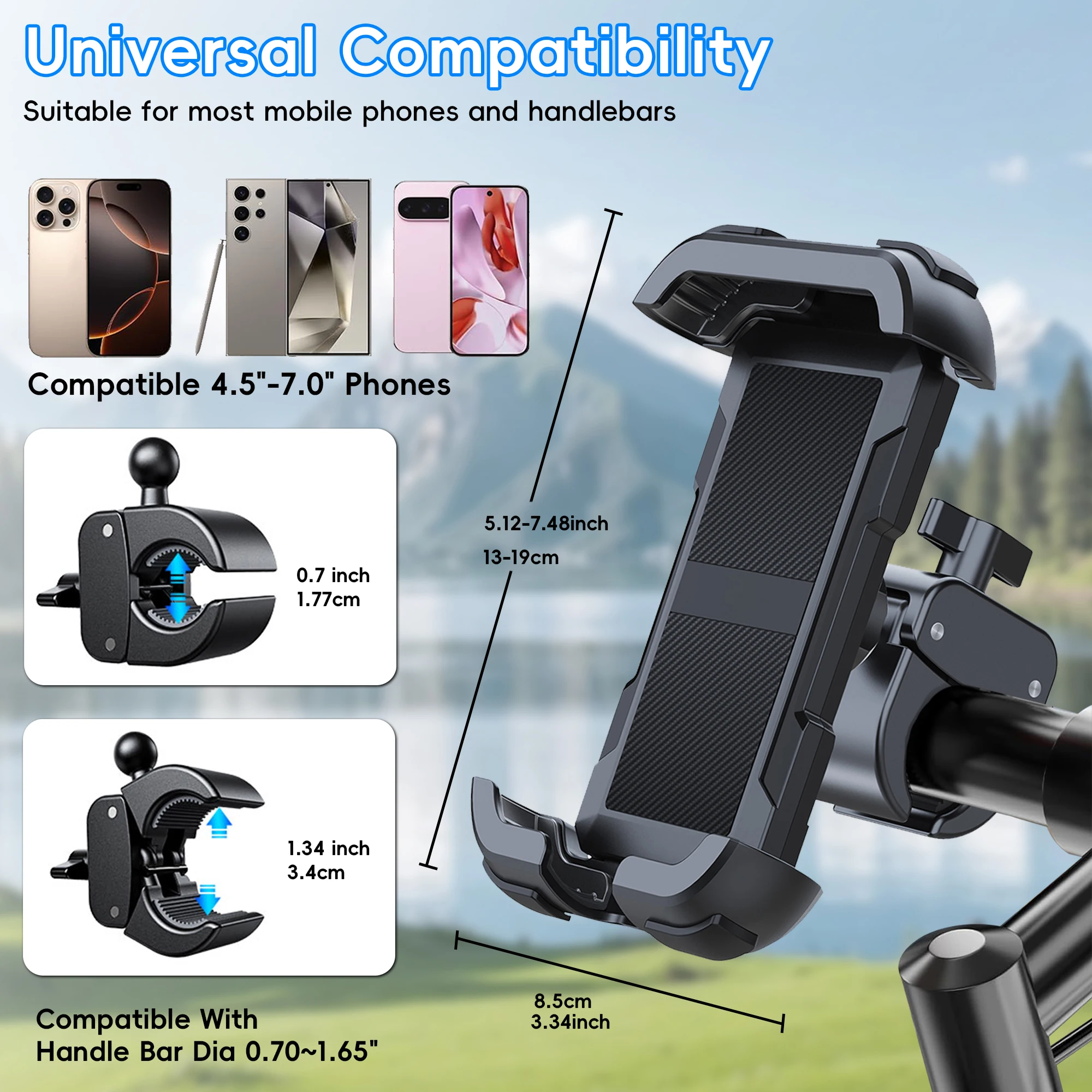 Motorcycle Phone Mount Holder，Bike Phone Holder, Motorcycle Handlebar Cell Phone Clamp,Compatible with iPhone 17 16 Pro Max