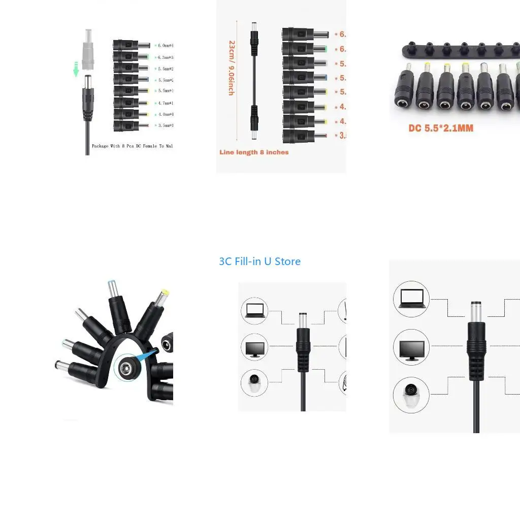G8TA Essential Power Cable DC5.5x2.1mm Male to Male Cord Supports up to 3A Current with 8pcs Adapters for Router Laptops