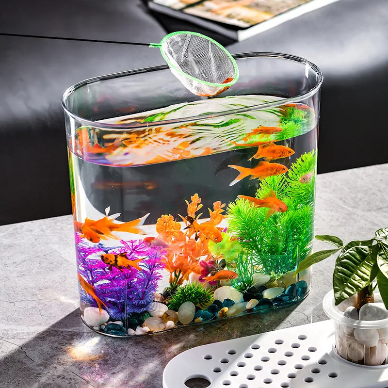 Creative Desktop Goldfish Tank With Green Plants Transparent Small Fishbowl With Cover Oval Aquarium Turtle Hydroponic Fish Tank