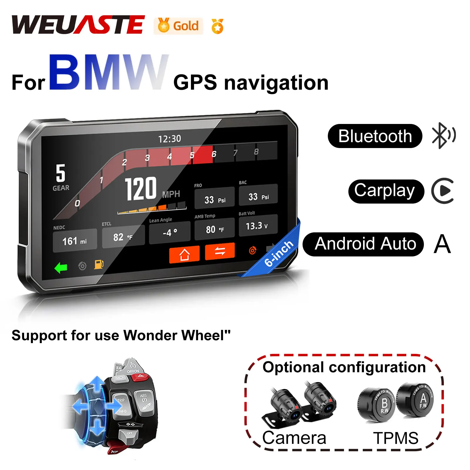 WEUASTE GPS Navigation Wireless Motorcycle CarPlay Smart Display Waterproof Dustproof For BMW R1250GS R1250RS R1300GS R1300RS