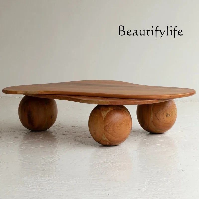 

Retro irregular solid wood coffee table simple cream style creative round ball tea table