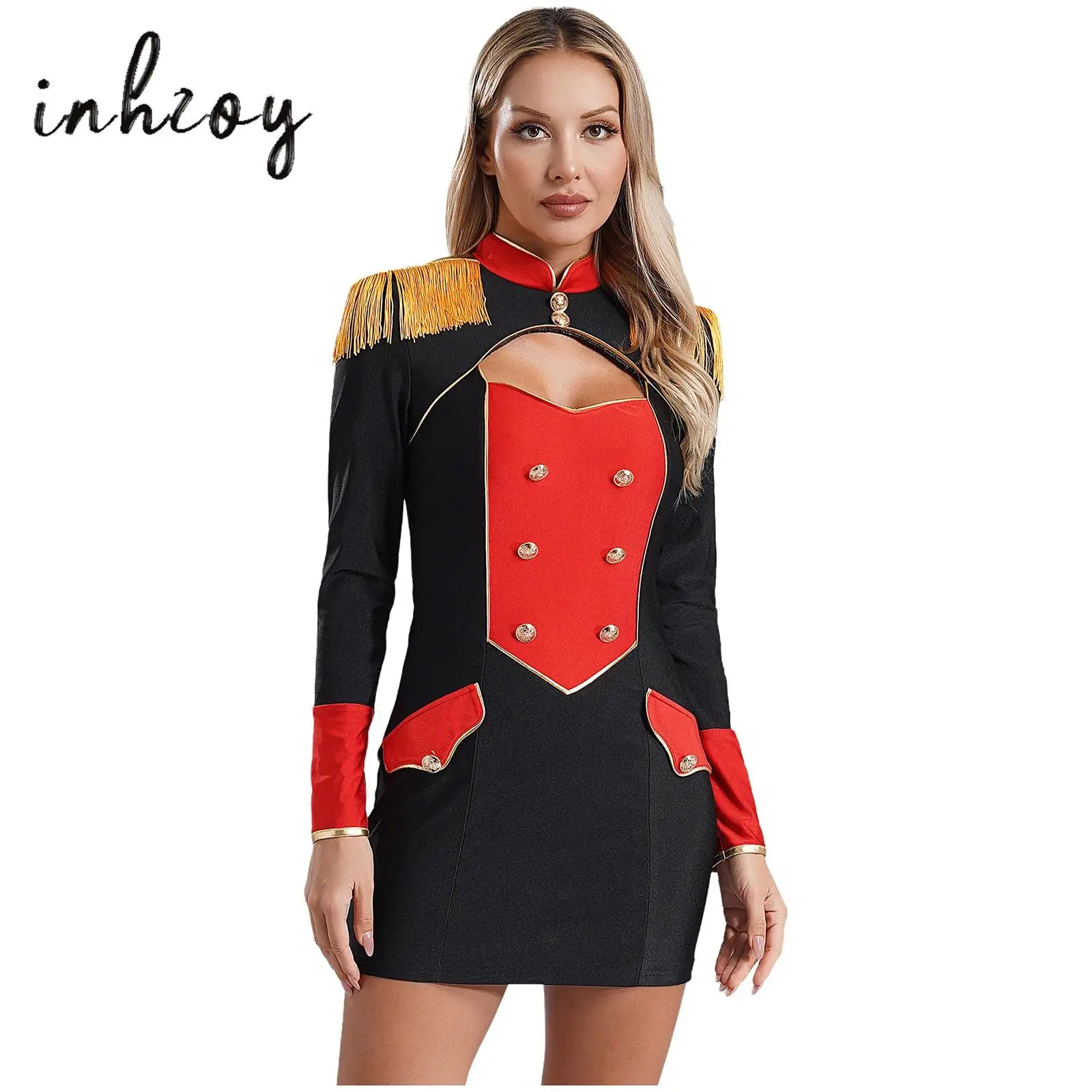 

Sexy Buttons Cutout Circus Ringmaster Costume for Women Halloween Carnival Party Role Play Velvet Fringed Bodycon Mini Dress