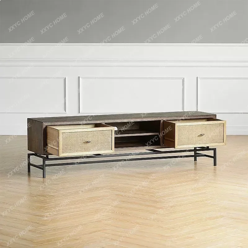 XX Solid Wood TV Stand with Iron Art Retro Walnut Storage Cabinet Woven Rattan Sideboard for Living Room