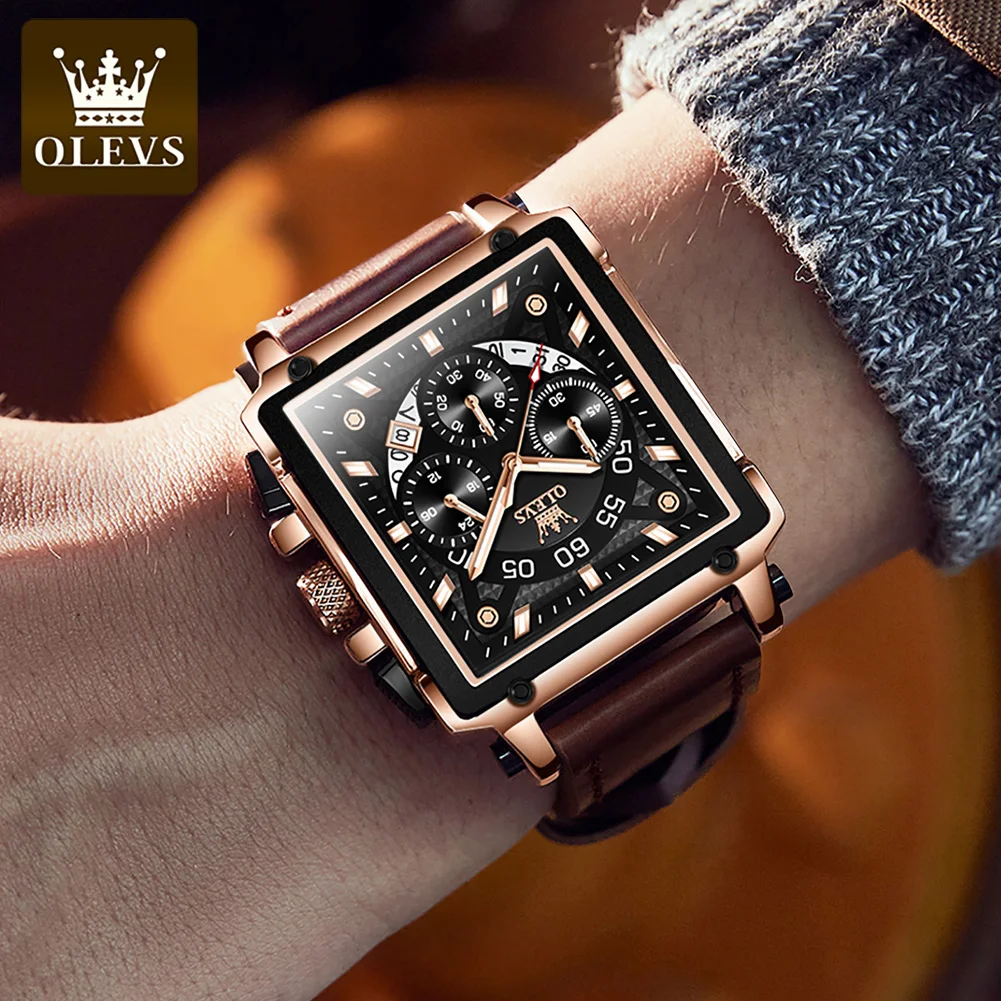 OLEVS Watches for Men Quartz Chronograph Leather Watch Date Waterproof Luminous Casual Square Fashion Business Wrist Watches