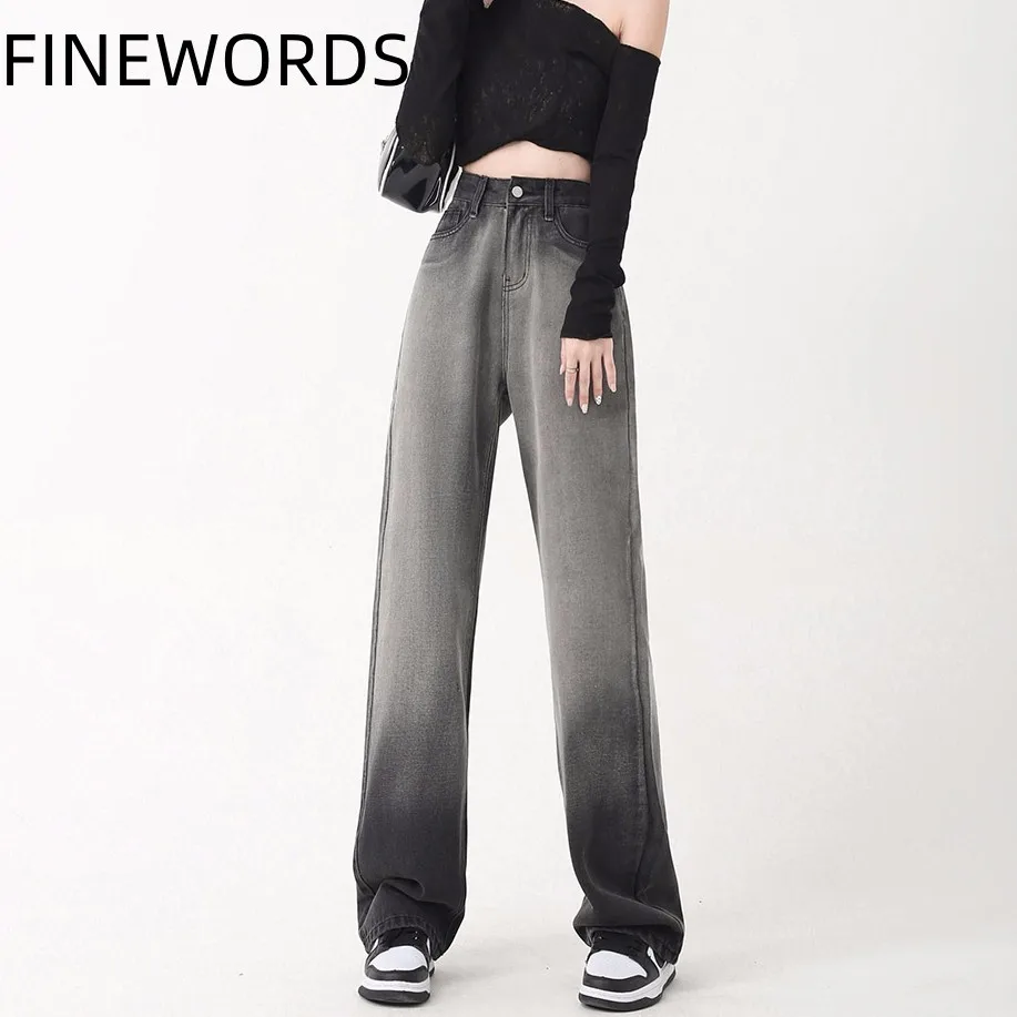 

FINEWORDS Fashion Retro Washed Gradient Color Gray Jeans Women Streetwear High Waist Jeans Wide Leg Korean Baggy Jeans