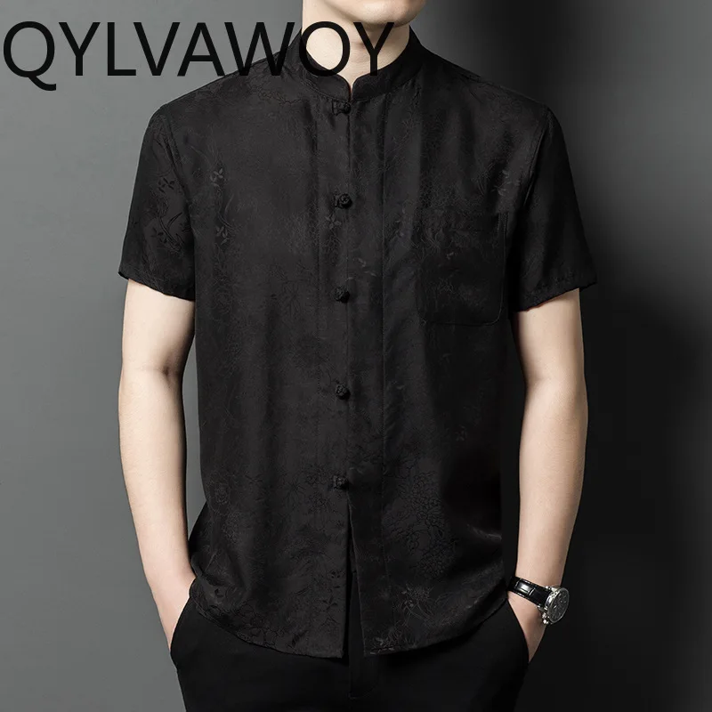 QYLVAWOY 100% Mulberry Silk Men's Shirts Luxury Man Clothing Shirts for Man Short Sleeve Summer Tops Shirt Chinese Style Camisa