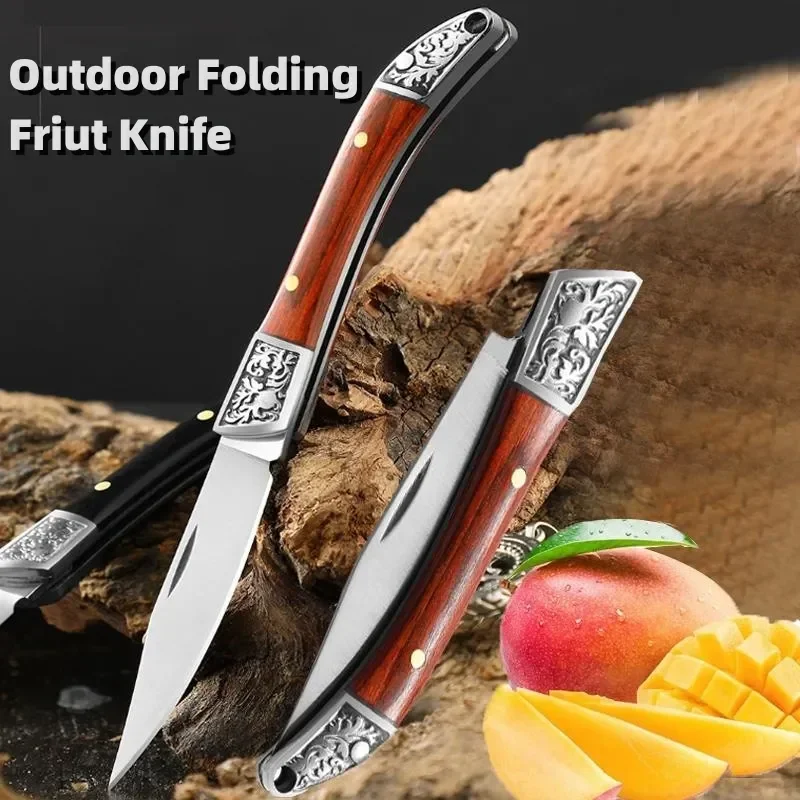 Cuchillo de bolsillo plegable de acero inoxidable, cuchillo de fruta con mango de madera, cuchillos multifuncionales para fácil transporte de