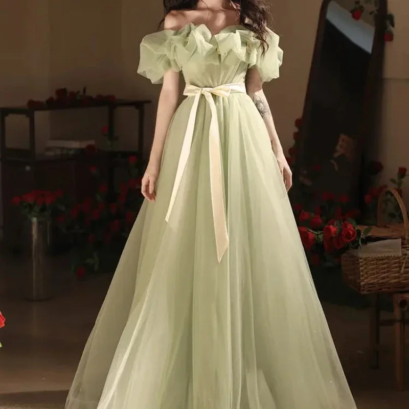 

2025 Light green sweat off shoulder long lady women princess banquet party ball prom dress performance gown hot sale