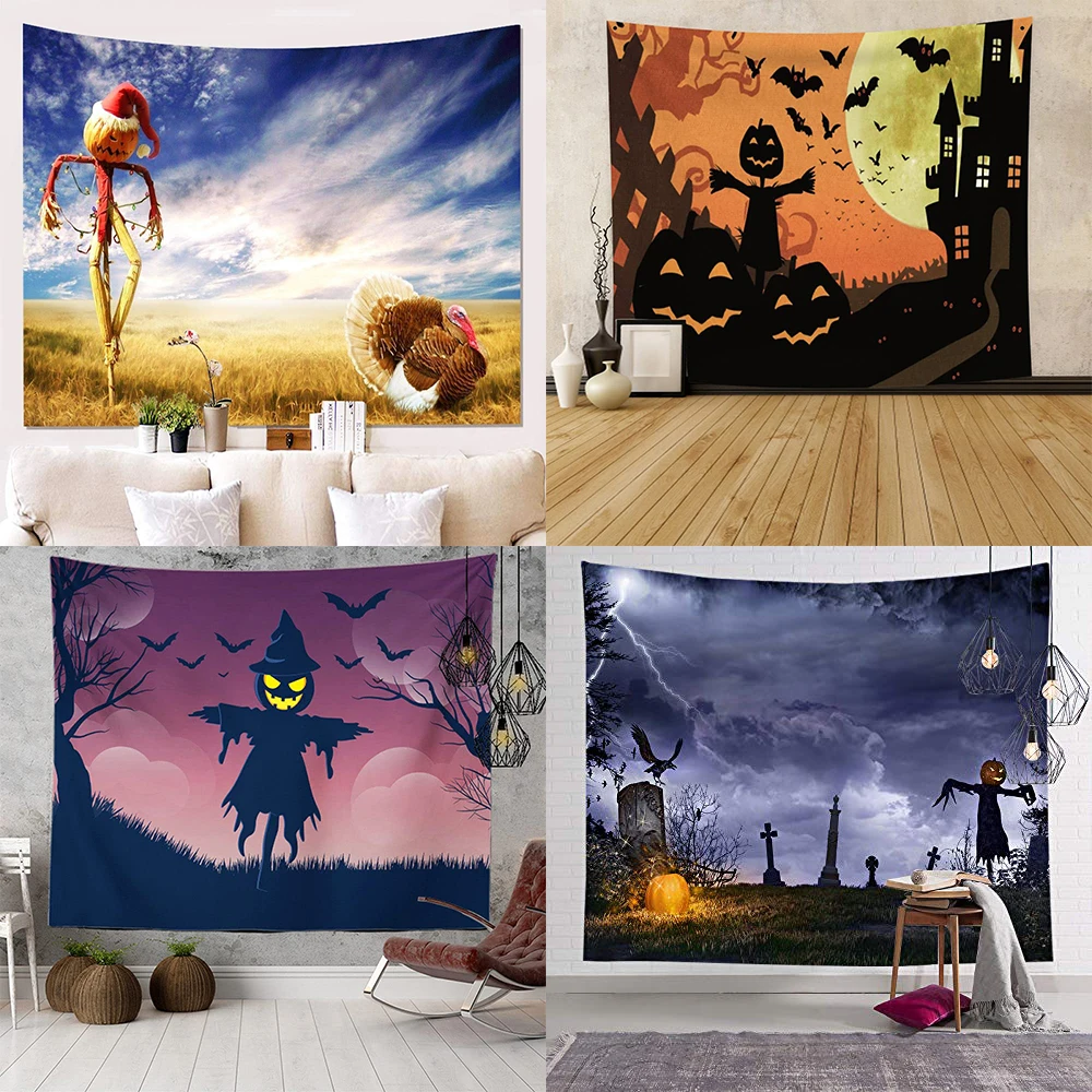 Halloween Tapestry Full Moon Night Pumpkin Scarecrow and Black Crow  Wall Hanging for Living Room Bedroom Party Decor