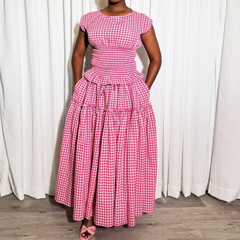 

Women Two Piece Sets Skirt Set Round Neck Short Sleeve Tops Long Skirts A Line High Waist Y2k Streetwear Elegant Work Spring