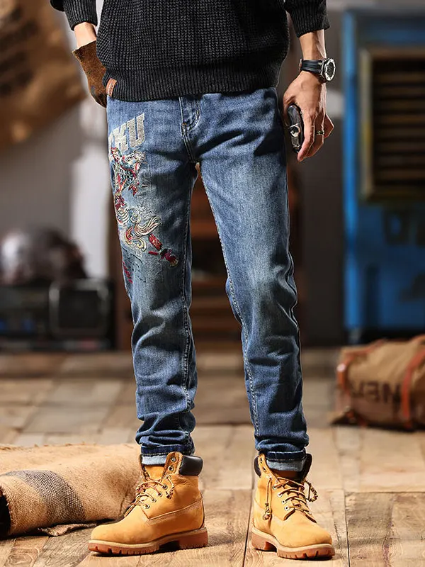

Мужские джинсы с вышивкой, зауженного кроя, в стиле High Street, повседневные, длинные, из хлопкового стрейч-денима, с низкой посадкой, на молнии, прямые штанины