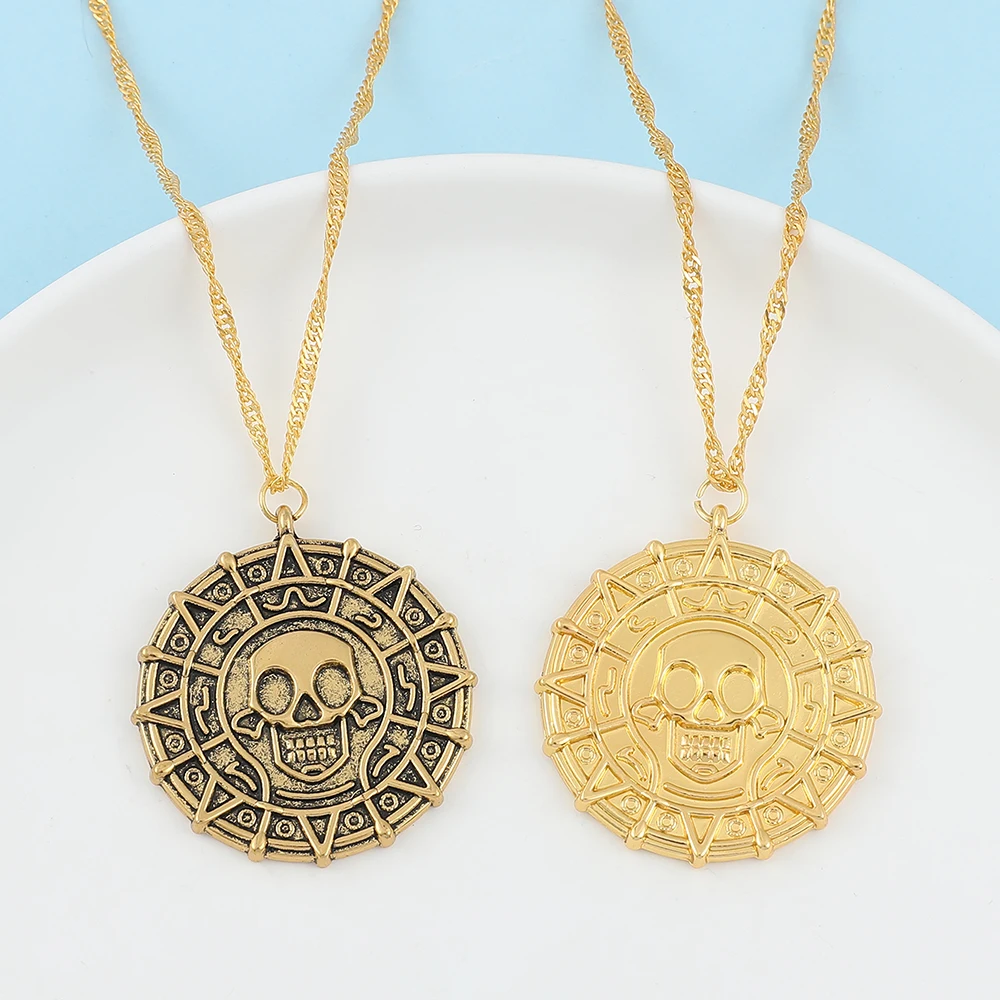 

Vintage Skeleton Heads Coin Medallion Necklace Personalized Hip Hop Style Skull Jewelry Accessories for Men