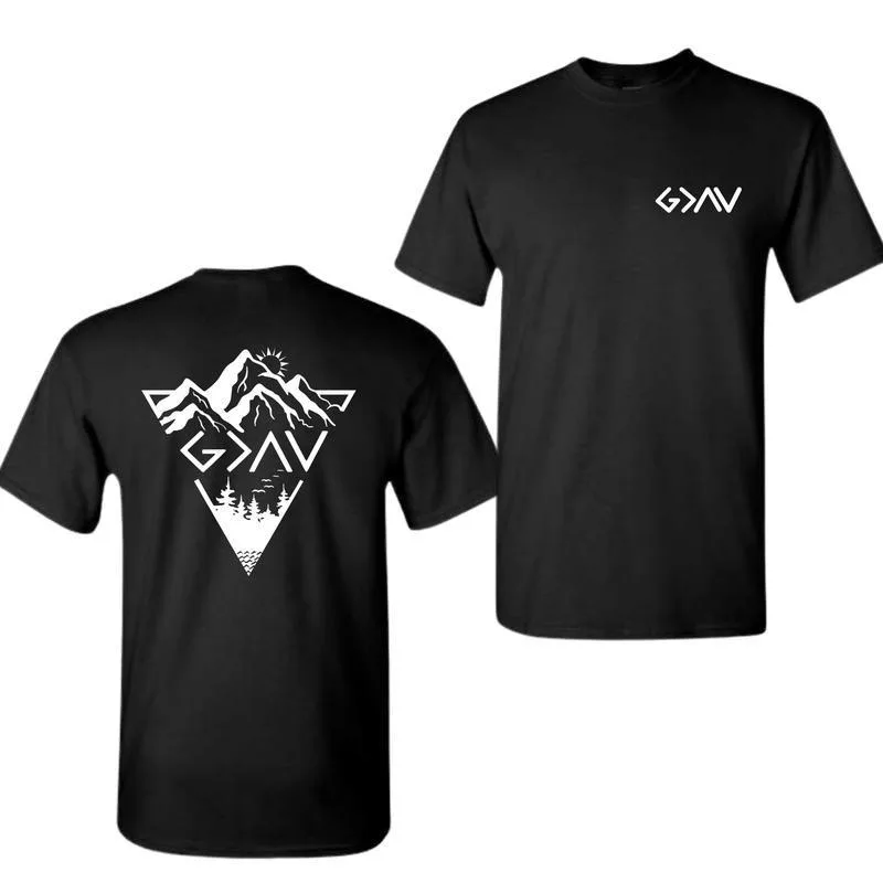 

Mountain Graphic Christian T Shirt God Is Greater Than Highs and Lows Symbol Outdoor Hiking Adventure Faith Tee for Men Women