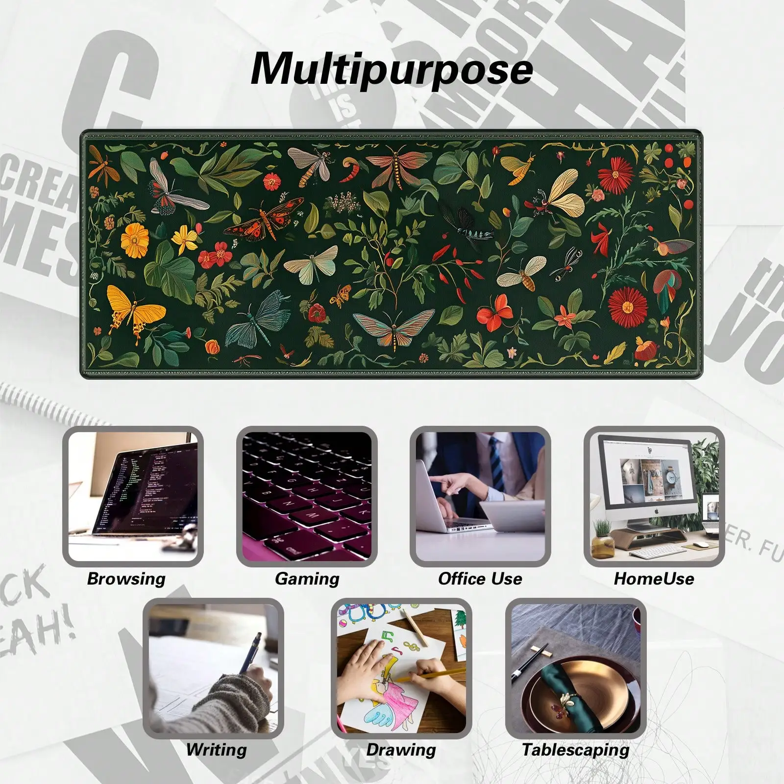 Botanical Butterfly Desk Mat Extended Mouse Pad Non-Slip Rubber Gaming Mousepad Office
