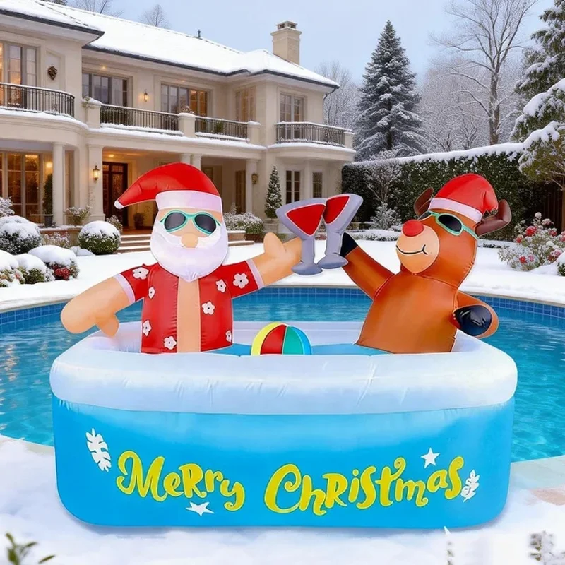 7FT Inflatable Santa Claus and Reindeer for Pool with LED Light Party Outdoor Yard Decoration Christmas Holiday Display Ornament