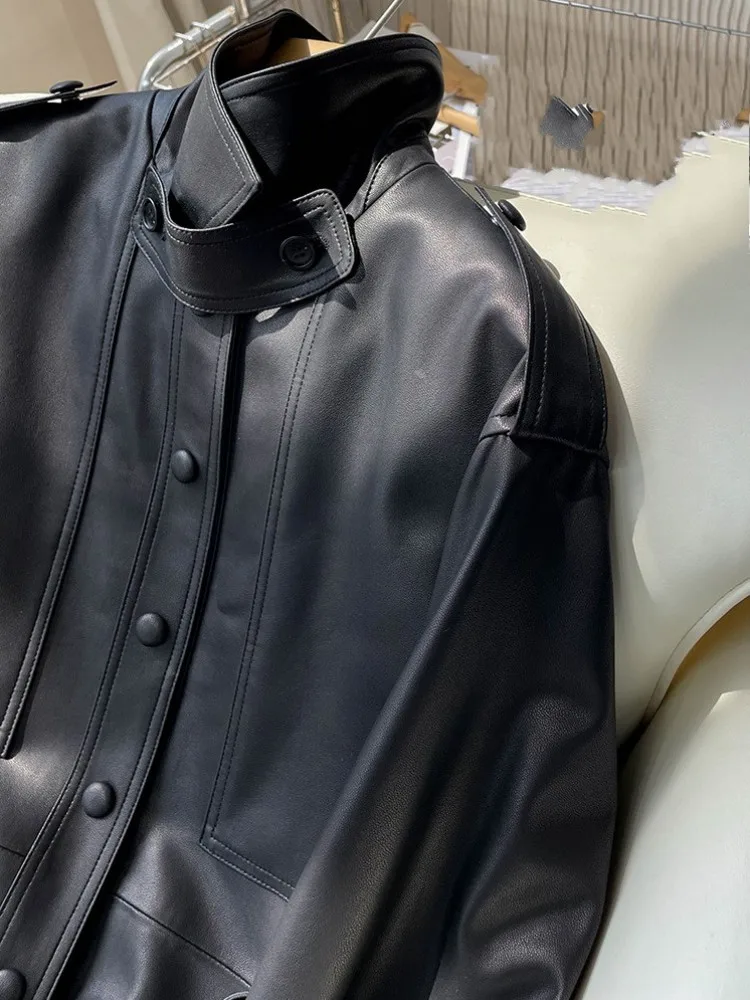 British Female Turn-Down Collar Single-Breasted Genuine Leather Jacket Solid Color Sheepskin Long Sleeves Belt Loose Outwear