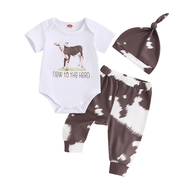 3-Piece Baby Boys Set Cow Letter Print Short Sleeve Round Neck Romper Contrast Color Trousers Hat Outfits