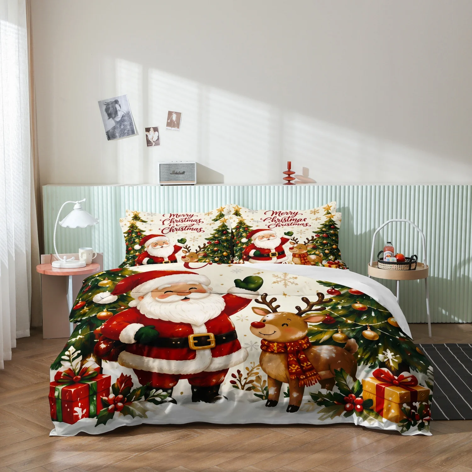 3Pcs Duvet Cover, Santa Claus Reindeer Christmas Tree Gift Box Snowflake Merry Christmas Print Bedding, Multiple Sizes Available