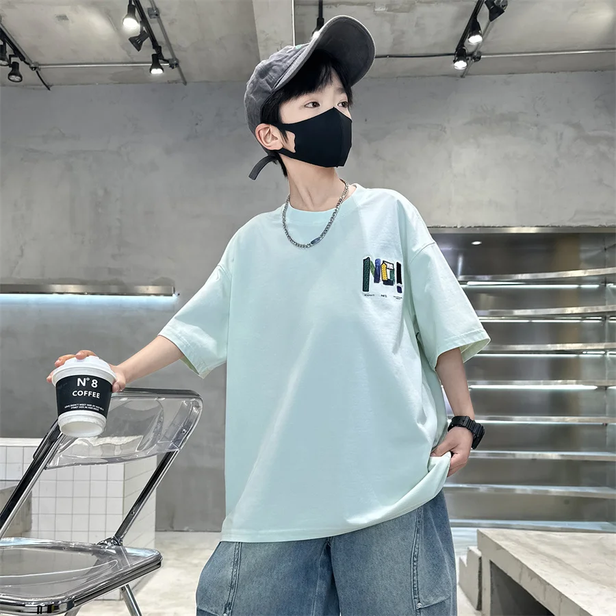 Fashion Kids Cotton T-shirts with Letters Print for Teen Boys Short Sleeve Summer Streetwear Outfits Child Casual Tshirt 6-16 Y