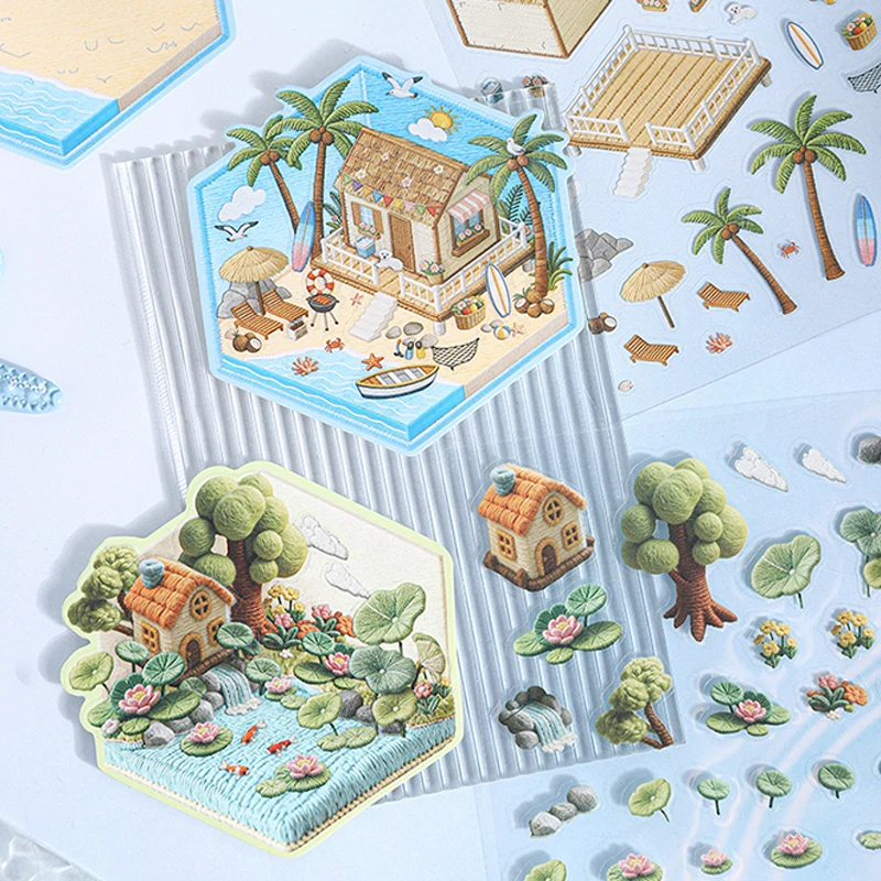 Mr.Paper 4 Packs Summer Beach Diorama PET Stickers, Tropical Mini Scene Decals for Journal Scrapbooking DIY Decor