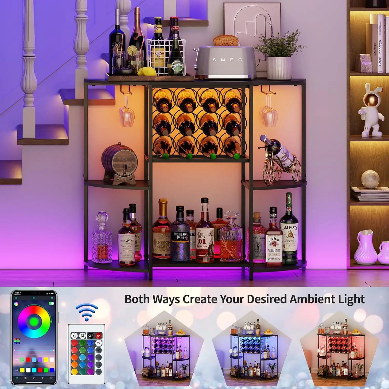 

Wine Bar Cabinet with LED Lights, Mini Wine Cart with Storage and Glass Holder, Home Coffee for Liquor, 3-Tier
