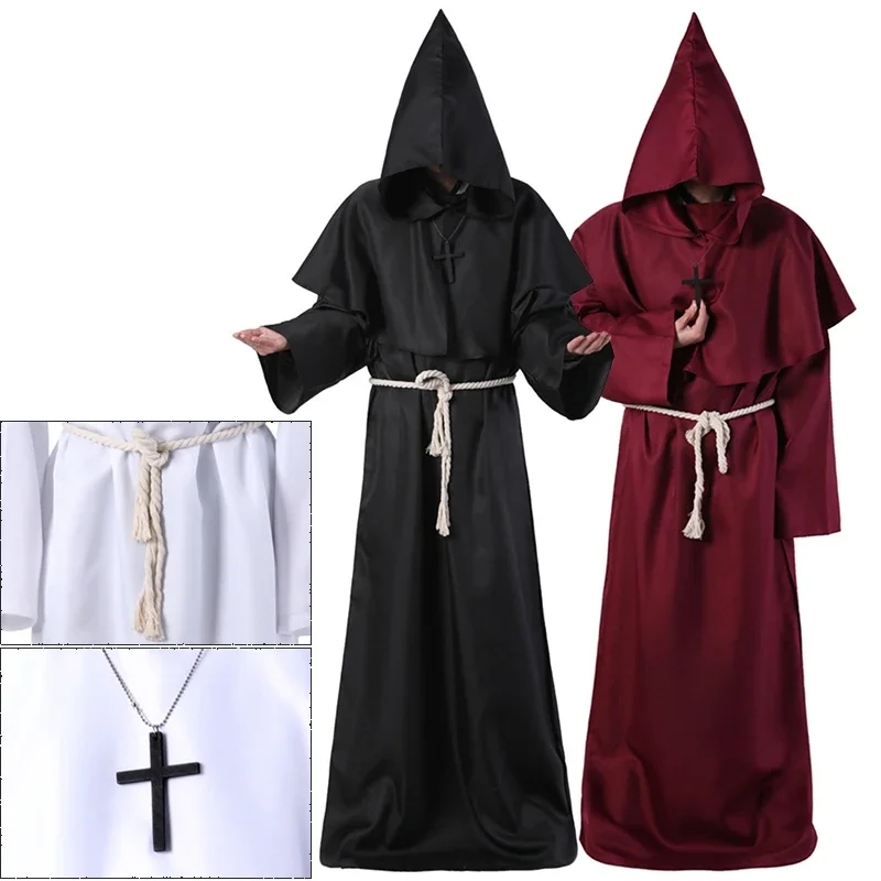 New Wizard costume Halloween Cosplay Medieval Hooded robe Monk Friar Priest Ancient Clothing Christian Suit