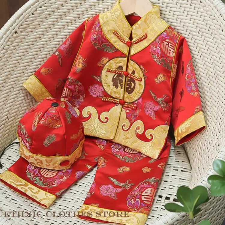 

Детский костюм Тан, традиционный новогодний костюм, одежда для фотосъемки, китайский топ Ханфу для новорожденных, брюки, шляпа, одежда на день рождения