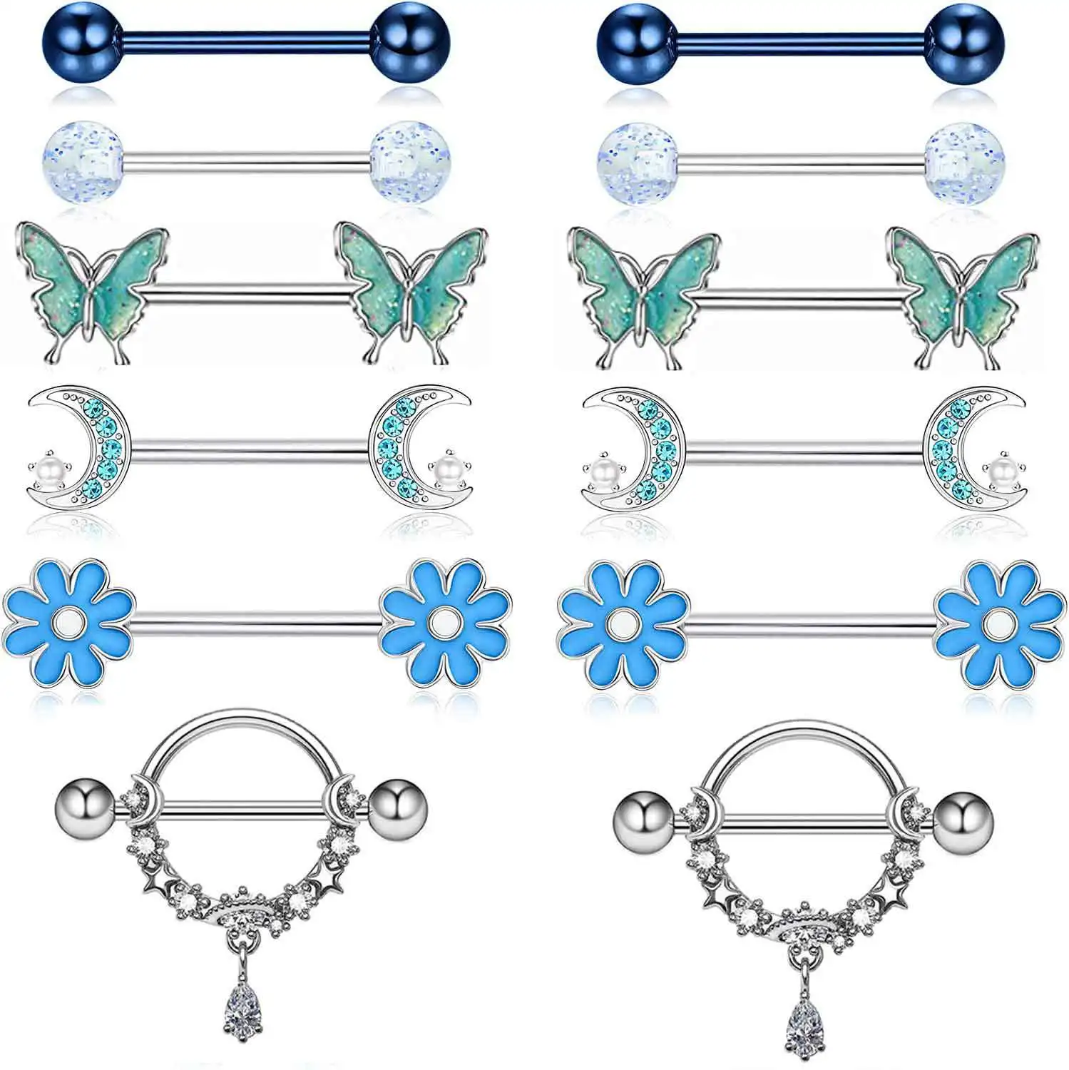 NONE 12 Teil/satz Edelstahl Rosa Herz Mond Nippel Piercing Kit Mode Kristall Sexy Nippel Ring Körper Schmuck PerforaМ Del Pezón 5