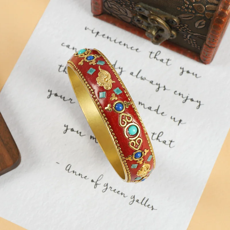 Tibetan Style Vintage Pure Copper Bangles Inlay Turquoise Handmade Ethnic Bracelet for Men Women Mystical Nepalese Accessories