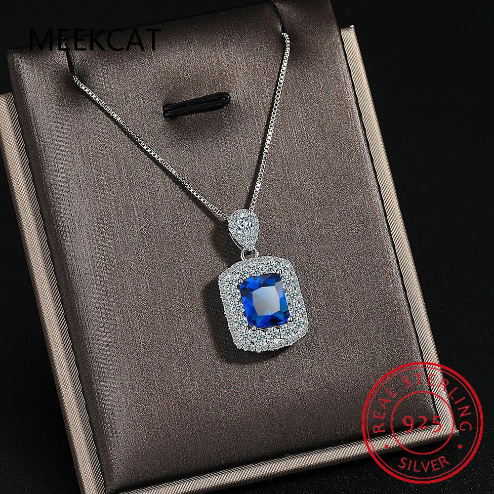 

Princess Cut Created Blue Sapphire 925 Sterling Silver Square Pendant Necklace for Women Gemstone Fine Jewelry Colar de Prata