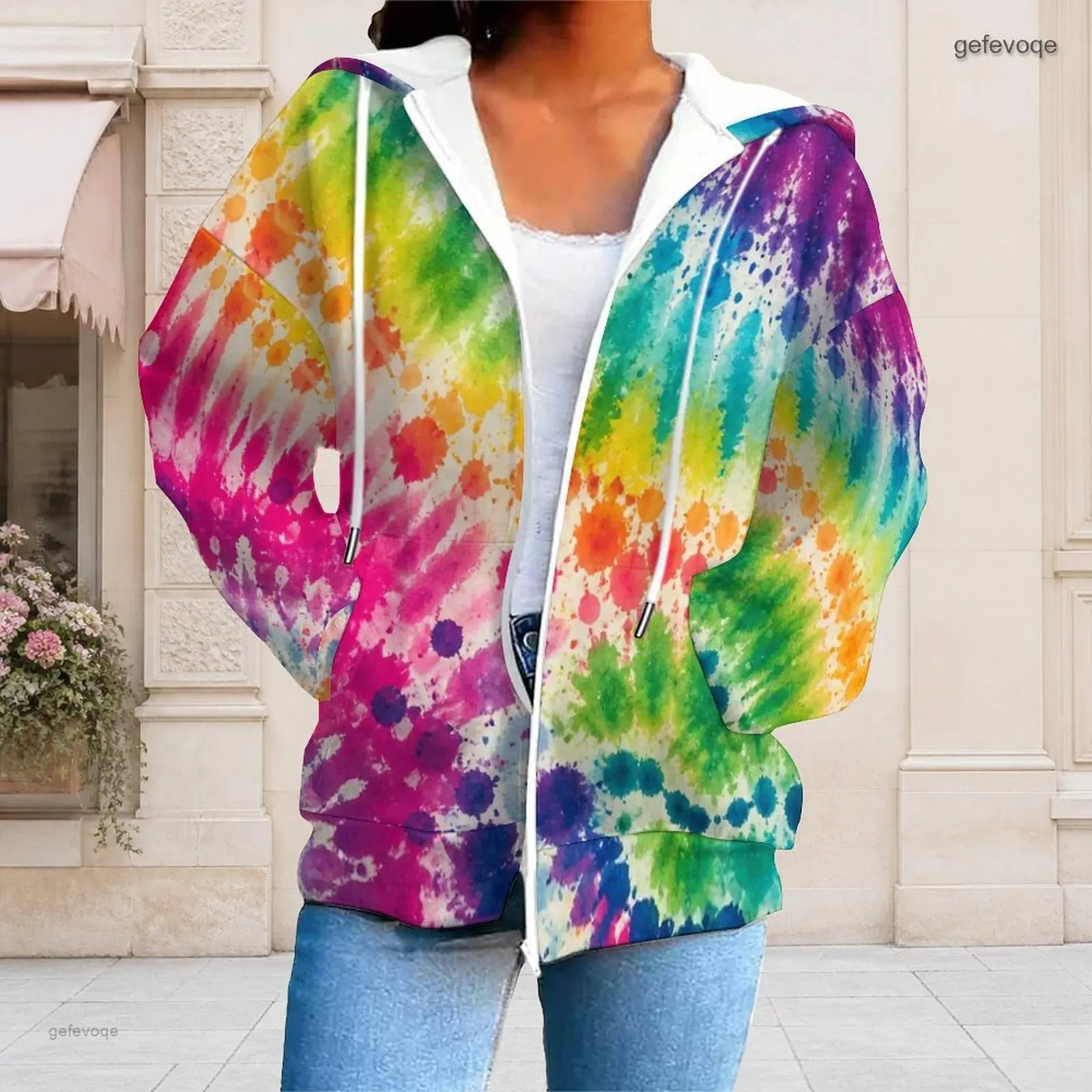 Women Rainbow Tie Dye Splatter Printed Zip Up Long Sleeve Hoodie with Drawstring Hood and Pockets