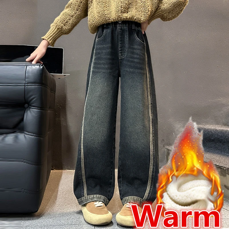 

American Children Winter Insulated Curved Jeans for Girls Warm Denim Pants With Fleece Lined Kids Thick Thermal Jeans Trousers